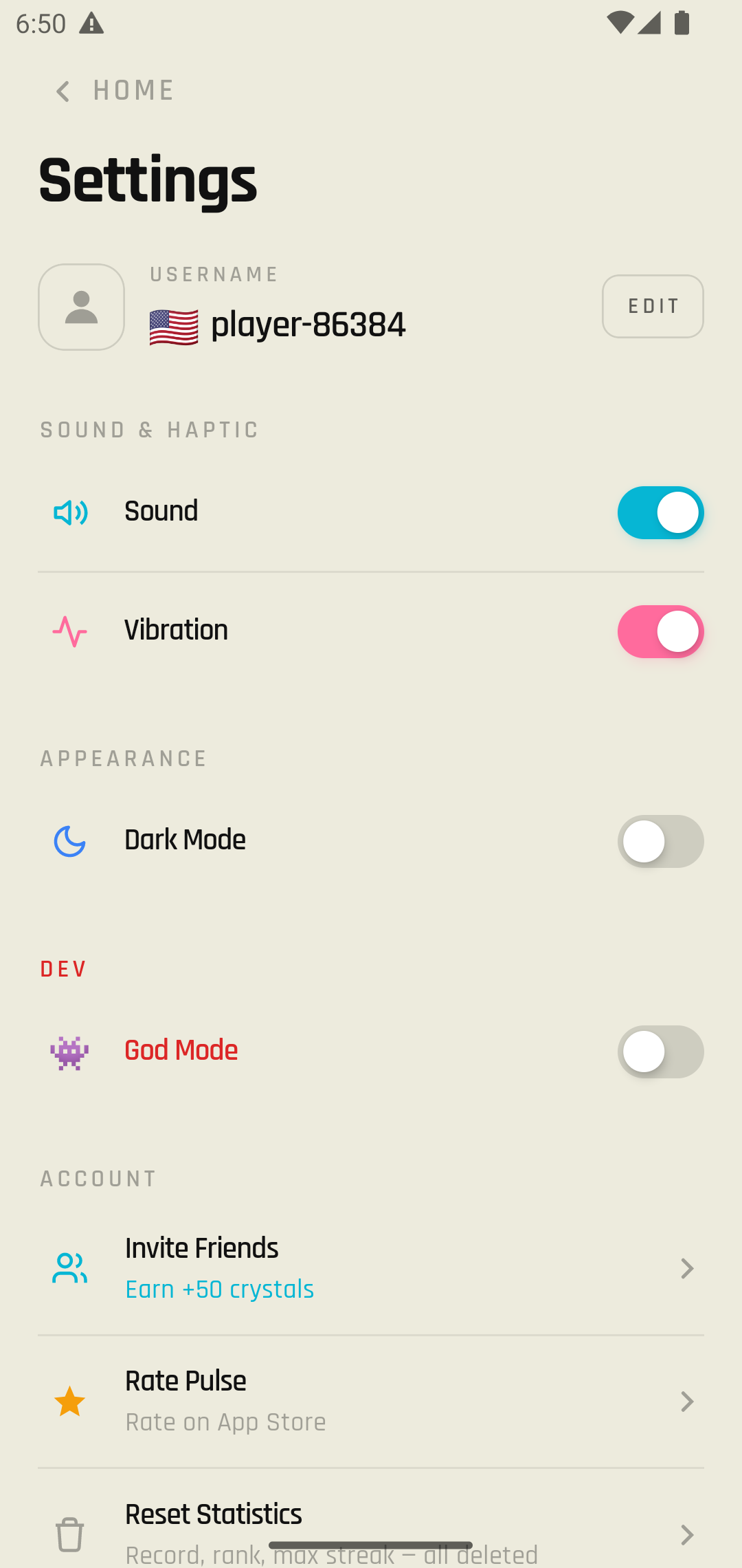PULSE settings screen